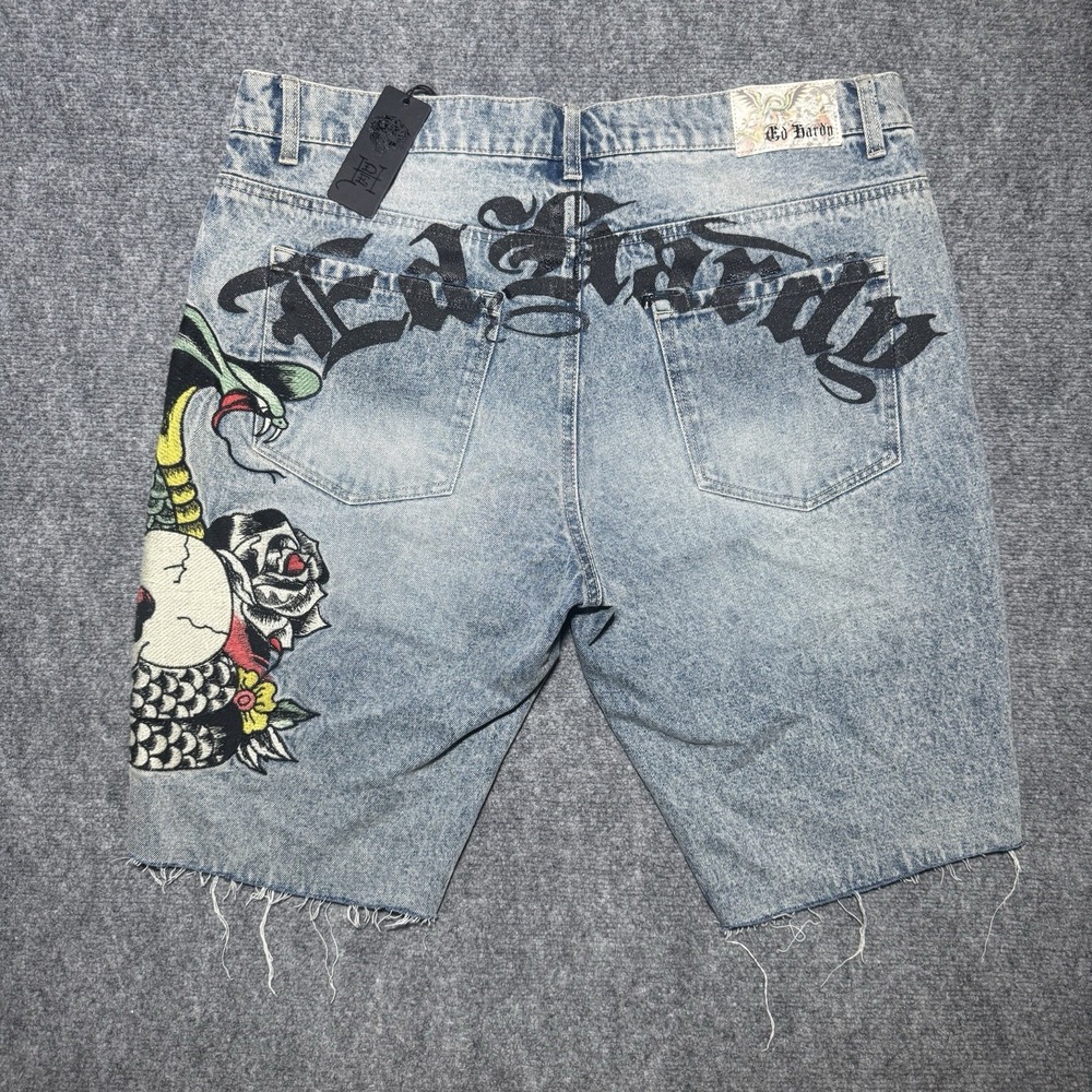 Ed Hardy Blue Jorts Raw Hem Skull & Snake Embroidery Y2K Jean Shorts Men 36 NWT
